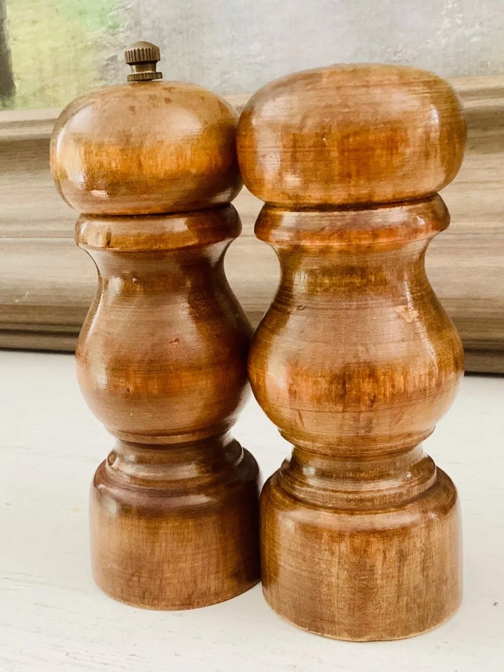 Vintage Turned Wood Salt Shaker & Pepper Mill MCM Rustic Cottagecore 5” Tall